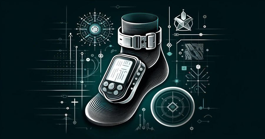 Imagem estilizada de uma tornozeleira eletrônica com elementos tecnológicos e padrões abstrato