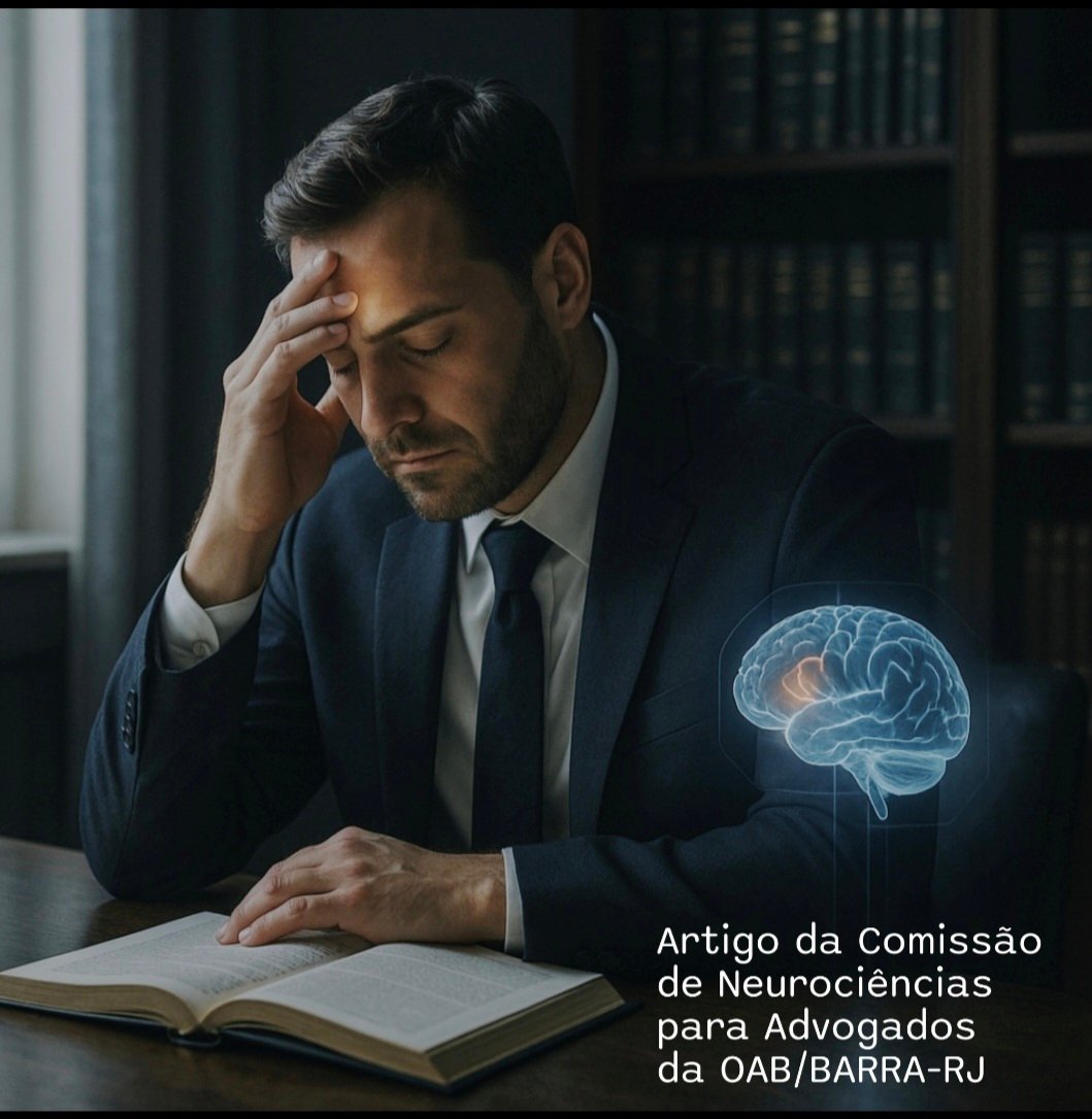 Advogado pensativo sentado à mesa, com projeção de cérebro ao lado, representando sobrecarga emocional analisada pela neurociência.